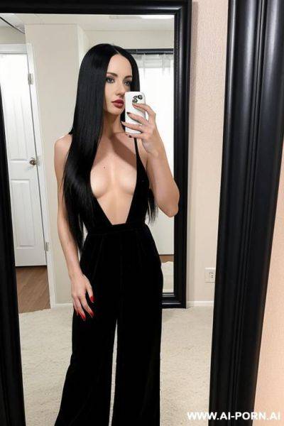 Woman black long hair red jumpsuit selfie photo in the mirror - ai-porn.ai on pornintellect.com