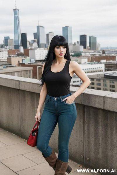 A woman, long black hair with bangs, large and expressive green eyes, full body, standing, wearing blue jeans, wearing a dark yellow tank top, wearing a red plaid shirt, wearing brown boots, view of the city in the background - ai-porn.ai on pornintellect.com