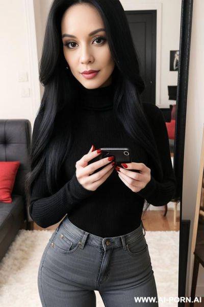 Woman black long hair red turtleneck jeans selfie photo in the mirror - ai-porn.ai on pornintellect.com