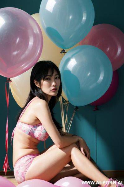 One attractive japanese woman, forty years old, summer wear, empty room corner, sitting amidst dozens of large balloons, close-up - ai-porn.ai - Japan on pornintellect.com