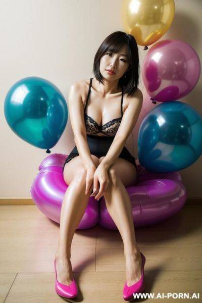 One attractive japanese woman, forty years old, summer wear, empty room corner, sitting on a sea of large balloons, close-up - ai-porn.ai - Japan on pornintellect.com