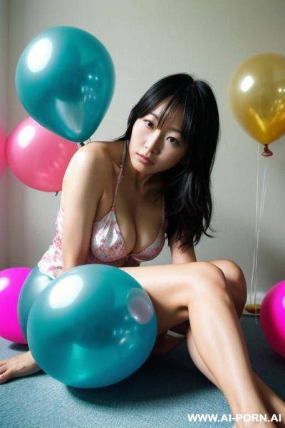 One attractive japanese woman, forty years old, summer wear, empty room corner, sitting in a sea of large balloons, close-up - ai-porn.ai - Japan on pornintellect.com
