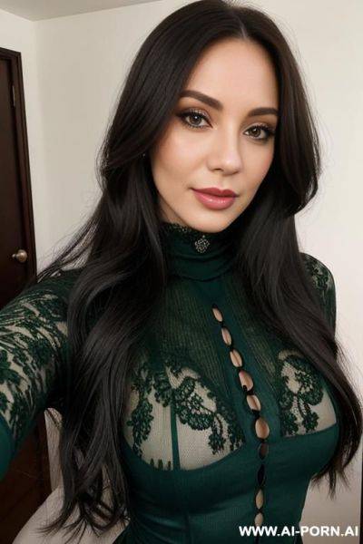 Woman long hair green lace turtleneck selfie - ai-porn.ai on pornintellect.com