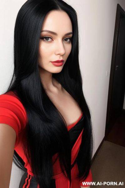 Woman black long hair red jumpsuit selfie keep face - ai-porn.ai on pornintellect.com