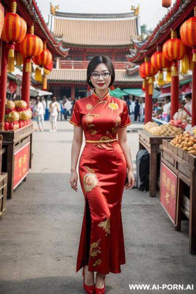 Korean woman, 0 years old, plump, bob hair, big breasts, chinese new year festival, wearing glasses, standing, red chinese dress, market, open air, thailand - ai-porn.ai - North Korea - China on pornintellect.com