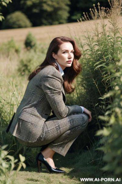 British posh lady, tweedjacket, squatting in weeds behind bushes in countryside, pants side-view - ai-porn.ai - Britain on pornintellect.com
