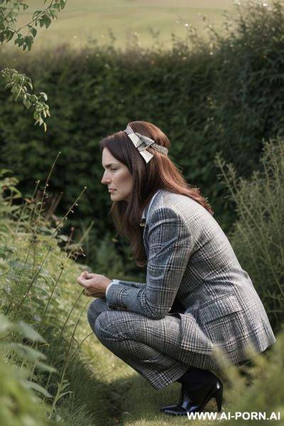 British posh lady, tweedjacket, squatting in weeds behind bushes in countryside, pants, bowed head, side-view - ai-porn.ai - Britain on pornintellect.com
