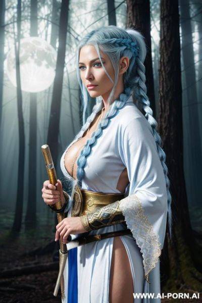 Anime elf woman, long silver hair, blue eyes, sad expression, white and blue robe with gold patterns, holding a wooden staff, magical sparkles around, ancient forest background, anime style, detailed face - ai-porn.ai on pornintellect.com