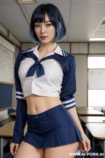Beautiful japanese, blue hair, blue eyes, curvy, big hip, big ass, short hair, wearing sailor suit uniform, open legs, no panties - ai-porn.ai - Japan on pornintellect.com