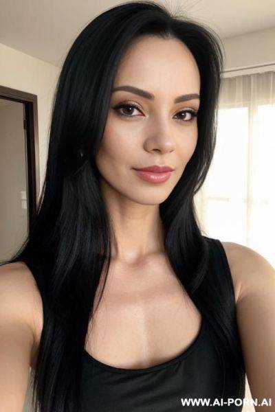 Woman black long hair pink top selfie - ai-porn.ai on pornintellect.com