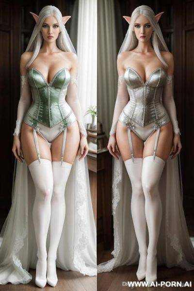 Elf, elven woman in wedding dress, silver hair, toned body, extremely beautiful, white stockings, square jaw, wide hips, standing, very tall, long legs - ai-porn.ai on pornintellect.com