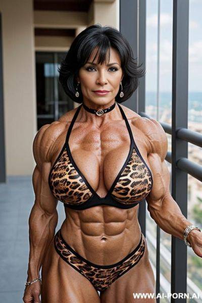Matured old milf, wrinkles, wrinkled skin, aging marks, extremely tanned skin, wide hips, animal print hooker outfit, necklace, choker, elries, perfect eyes, waist shot, balcony - ai-porn.ai on pornintellect.com