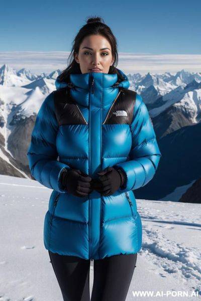 Brunette wearing huge oversized blue the north face nuptse - ai-porn.ai on pornintellect.com
