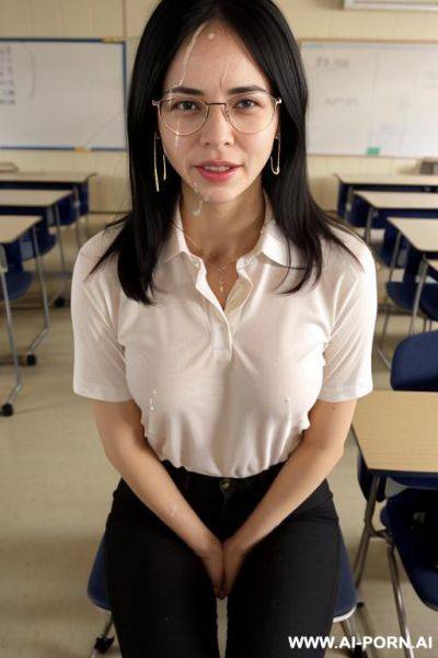 White polo shirt with a logo, red handkerchief around her collar, hairy pussy - ai-porn.ai on pornintellect.com