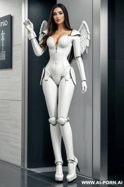 Immagine realistica di elevata qualità, beautiful angel robot corpo meccanico con splendide ali bianche e vestito ampio lungo, con stivali ai piedi. - ai-porn.ai on pornintellect.com