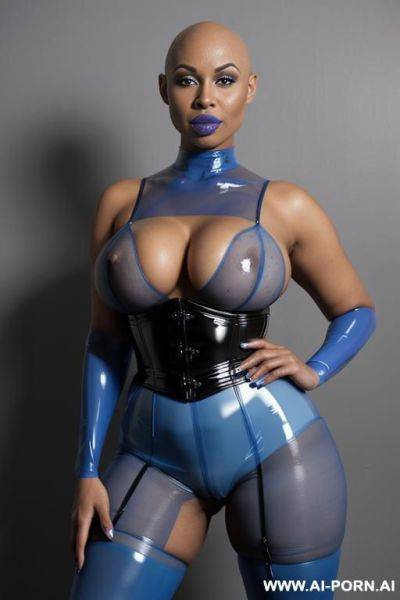 A eboby woman with bald head and blue lips wearing a transparent blue latex corset and a transparent blue latex stockings. - ai-porn.ai on pornintellect.com