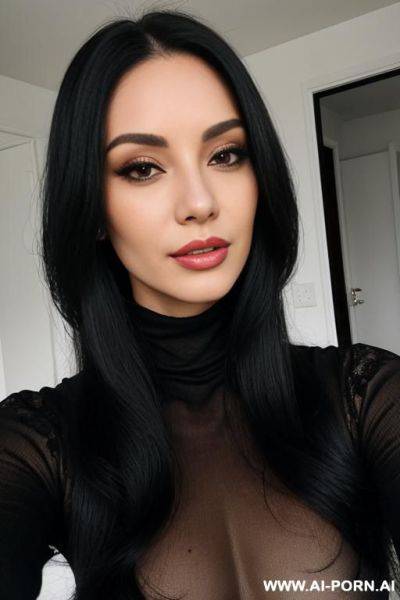 Woman long hair red turtleneck lace selfie - ai-porn.ai on pornintellect.com