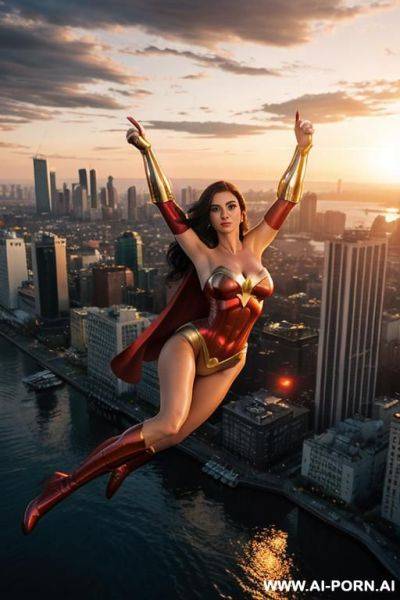 Beautiful superheroine floating above city at sunset - ai-porn.ai on pornintellect.com