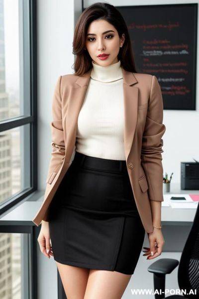 Frame from head to thigh, arab, inner turtleneck, skirt down to thigh, outer blazer, office - ai-porn.ai on pornintellect.com