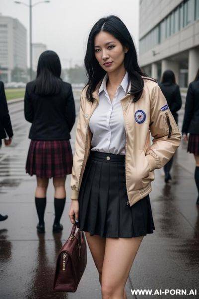 Jk，three women standing each other，standing in the rain，apocalyptic world，clothes in rags， and some of them had sloughed off - ai-porn.ai on pornintellect.com