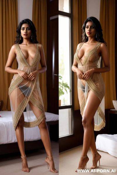 Beautiful indian woman, on a bed, hairy vagina, wearing a transparent night dress, legs parted, - ai-porn.ai - India on pornintellect.com
