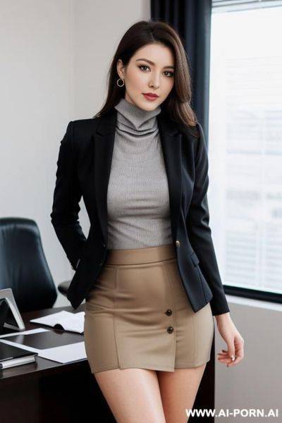 French, inner turtleneck, skirt down to thigh, outer blazer, office - ai-porn.ai - France on pornintellect.com