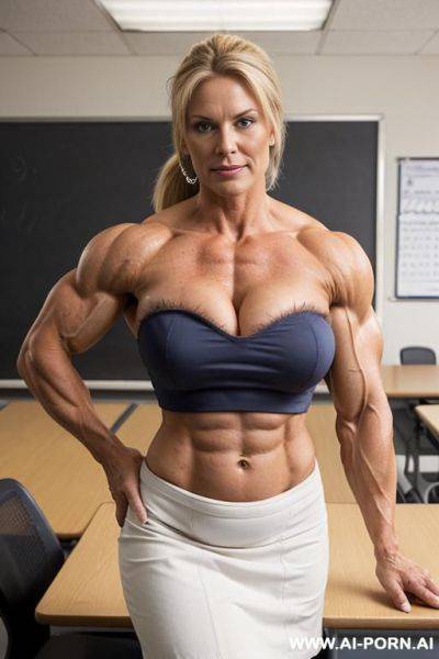 Bigger arms, photo of a strong woman, nude, curvy, whole body, mature cougar, grandmother, gilf, ponytail, looking at the camera, blonde, very hairy pussy, dense blonde pubic hair, stronger arms, - ai-porn.ai on pornintellect.com