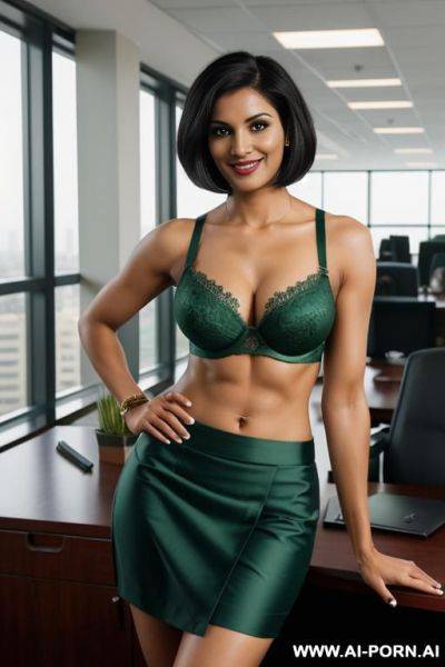 Indian, short hair, fit, abs, muscular arms, big ass, tall, long legs, navel piercing, green bra, green pleat skirt, looking at camera, full body, stiletto - ai-porn.ai - India on pornintellect.com