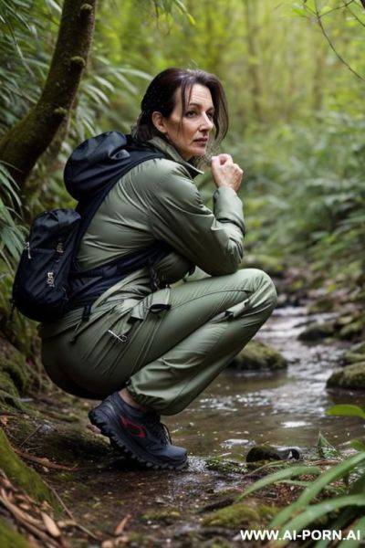 Mature british woman, hikingclothes, jacket, pants, squatting in underbrush, her crotch drips water onto ground, backview - ai-porn.ai - Britain on pornintellect.com