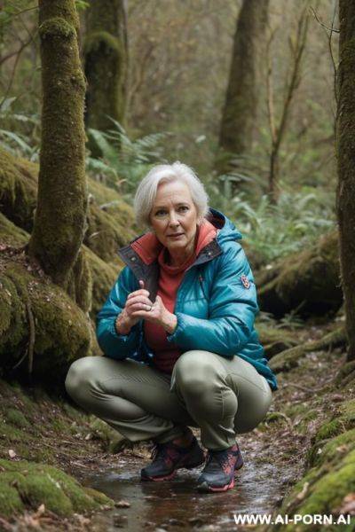 Mature british woman, hikingclothes, jacket, pants, squatting in underbrush on wet spot - ai-porn.ai - Britain on pornintellect.com