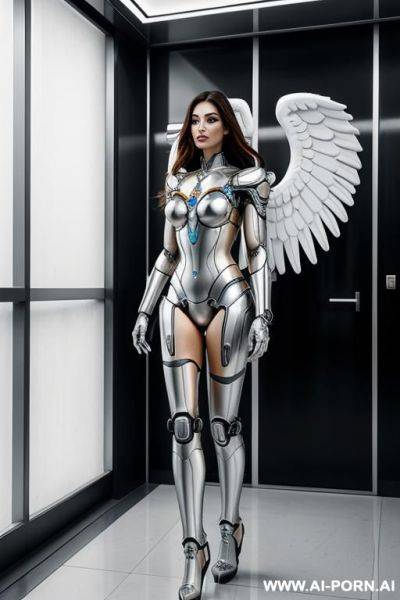 Immagine realistica di elevata qualità, beautiful angel robot corpo cyborg meccanico con splendide ali bianche e vestito ampio lungo, con stivali ai piedi. - ai-porn.ai on pornintellect.com