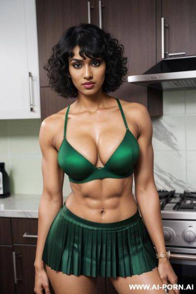 Indian, short curly bangs hair, fit, abs, muscular arms, big ass, tall, long legs, navel piercing, green bra, green pleat skirt, looking at camera, full body, stiletto, kitchen - ai-porn.ai - India on pornintellect.com