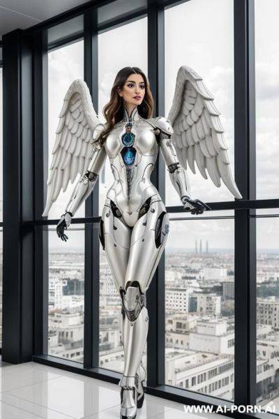 Immagine realistica e naturale di elevata qualità, beautiful angel robot corpo cyborg meccanico con splendide ali bianche e vestito ampio lungo, con stivali ai piedi. - ai-porn.ai on pornintellect.com
