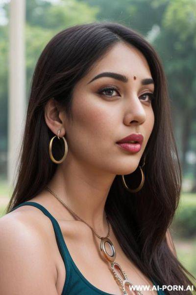 Park, brunette, tank top, shorts (ahegao) (flowing hair) (((extremely beautiful))) (((full lips))) (button nose) (submissive) (hoop earrings) (((hourglass figure))) (model) (((eye contact))) - ai-porn.ai on pornintellect.com