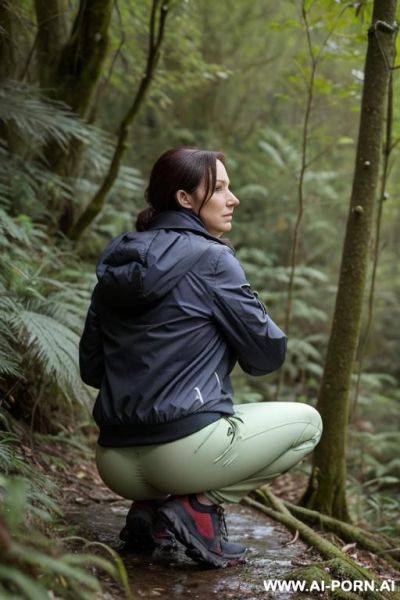 British woman, hikingclothes, jacket, pants, squatting in underbrush on wet spot, backview - ai-porn.ai - Britain on pornintellect.com