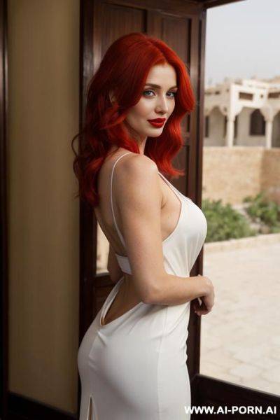 Red lipstick, very long hair, white gorgeous cacked woman , round soft face , sexy pretty body, wearing wrap elegant deep v-neck hollow out spagetti strap back tie backless see-though dress - ai-porn.ai on pornintellect.com