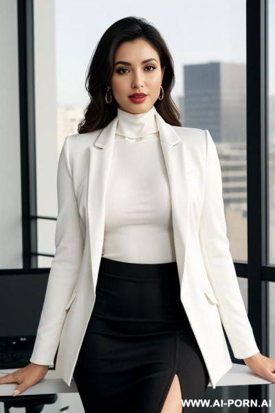 Frame from head to thigh, arab, inner turtleneck, skirt down to thigh, outer blazer, office - ai-porn.ai on pornintellect.com