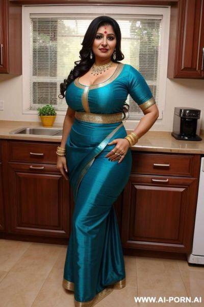 An punjabi milf looking women she is 40 years old and has big round saggy boobs and huge ass huge curves standing infront of a kitchen facing tods the camera and wearing a punjabi traditional dress with a big excerpt - ai-porn.ai on pornintellect.com