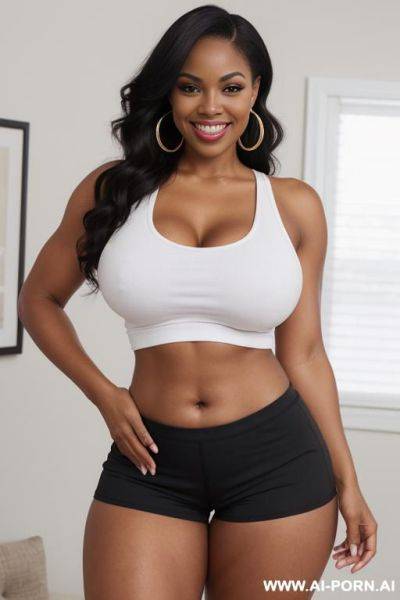 Detailed face, plump lips, smiling, sexy black woman, tight tank top and tight shorts, white clothes, exposed tummy, large breasts, natural breasts, curvy hips, slender waist, fully body view. - ai-porn.ai on pornintellect.com