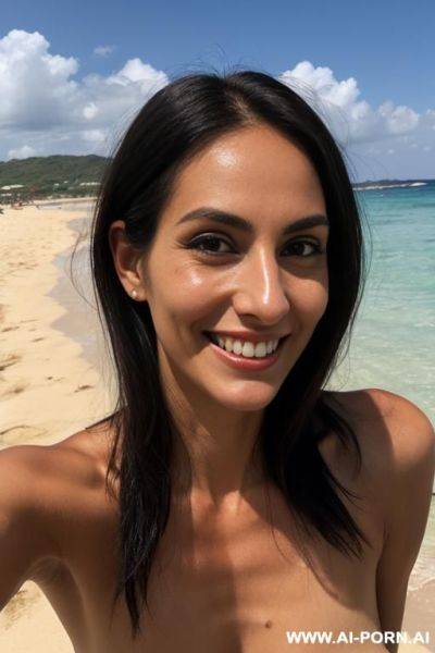 Lanky italian woman in nude-beach, round face, tanned skin, full-body, hairy pussy cunt, ponytail - ai-porn.ai - Italy on pornintellect.com