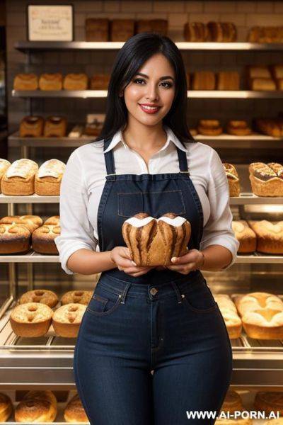 Very , darker skin, mexican, bimbo, hourglass figure, high rise blue jeans, tight plaid shirt, eye shw , smirk, extra thicc - ai-porn.ai - Mexico on pornintellect.com