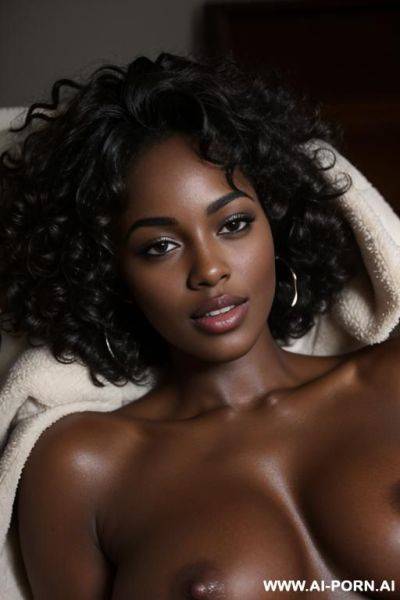 Woman with dark skin and curly hair, naked and with pubic hair. lying down and half covered with a blanket - ai-porn.ai on pornintellect.com