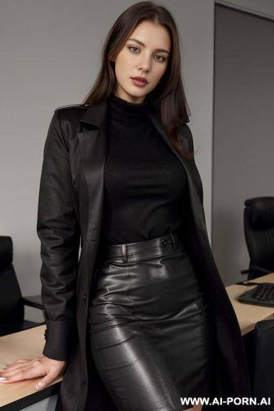 Coat, cotton office shirt, black office skirt, perfect face, pretty face, beautiful secretary - ai-porn.ai on pornintellect.com