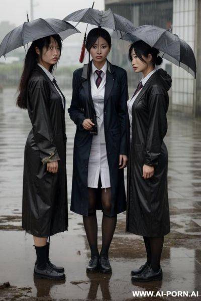 ，student uniform，three women standing each other，standing in the rain，apocalyptic world，clothes in rags， and some of them had sloughed off，japanese - ai-porn.ai - Japan on pornintellect.com