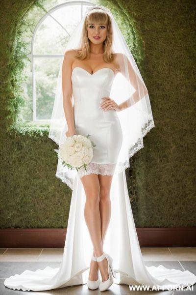 Naked blonde with bangs, in white stockings, white high-heeled shoes, wedding veil, full-length, brown eyes, standing tall, parents standing behind - ai-porn.ai on pornintellect.com