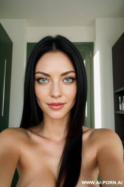 Most beautiful woman according to science, totally nude, eye contact, ((black hair)), ((green eyes)), seductive, flirty, smirking, sleepy eyes, ready to kiss - ai-porn.ai on pornintellect.com
