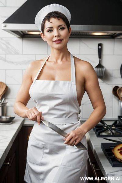 Tall busty , short pixie hair with shaved sides, gorgeous face, thick lips, massive boobs, , seductive, full body picture, standing up, - ai-porn.ai on pornintellect.com