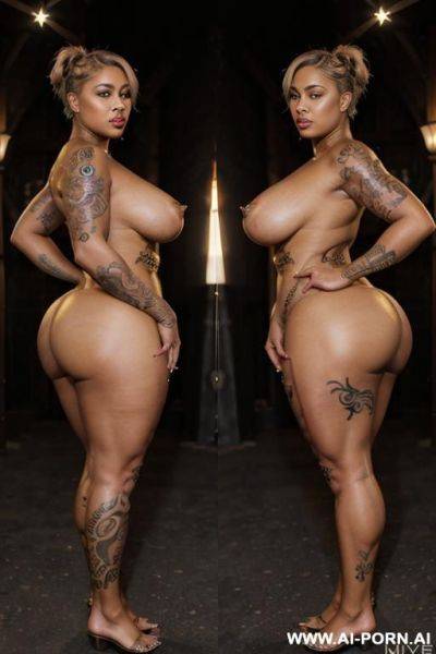 Full length body, woman with black skin, woman with sun tanned skin, voluptuous ass, totally nude, totally naked, huge ass, big ass, thick ass, curvy ass, big butt, thick butt, big booty, - ai-porn.ai on pornintellect.com