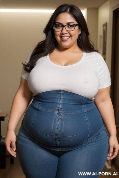 Mexican, very chubby, huge gordita, eating, nerd, glasses, ultra wide hips, standing up, tight jeans, band shirt, ssbbw, rotund, huge, eye shw, eating taco, beautiful face - ai-porn.ai - Mexico on pornintellect.com