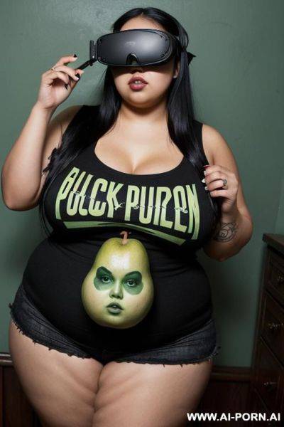 Mexican, chola, hugely pear shaped, gordita, drinking potion, hourglass figure, punk rocker, wearing band shirt, drinking a green potion, wearing oculus rift - ai-porn.ai - Mexico on pornintellect.com